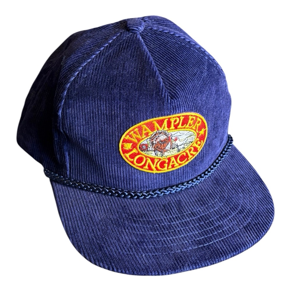 Vintage Wampler Longacre Blue Corduroy Snapback Cap Food Chicken Poultry Hat